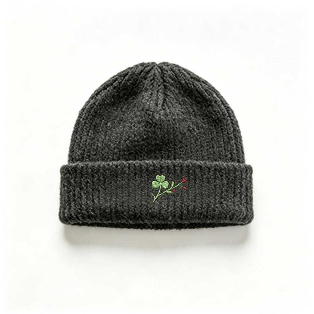 Dark Grey Cuffed Knit Beanie with Four Leaf Clover Embroidery