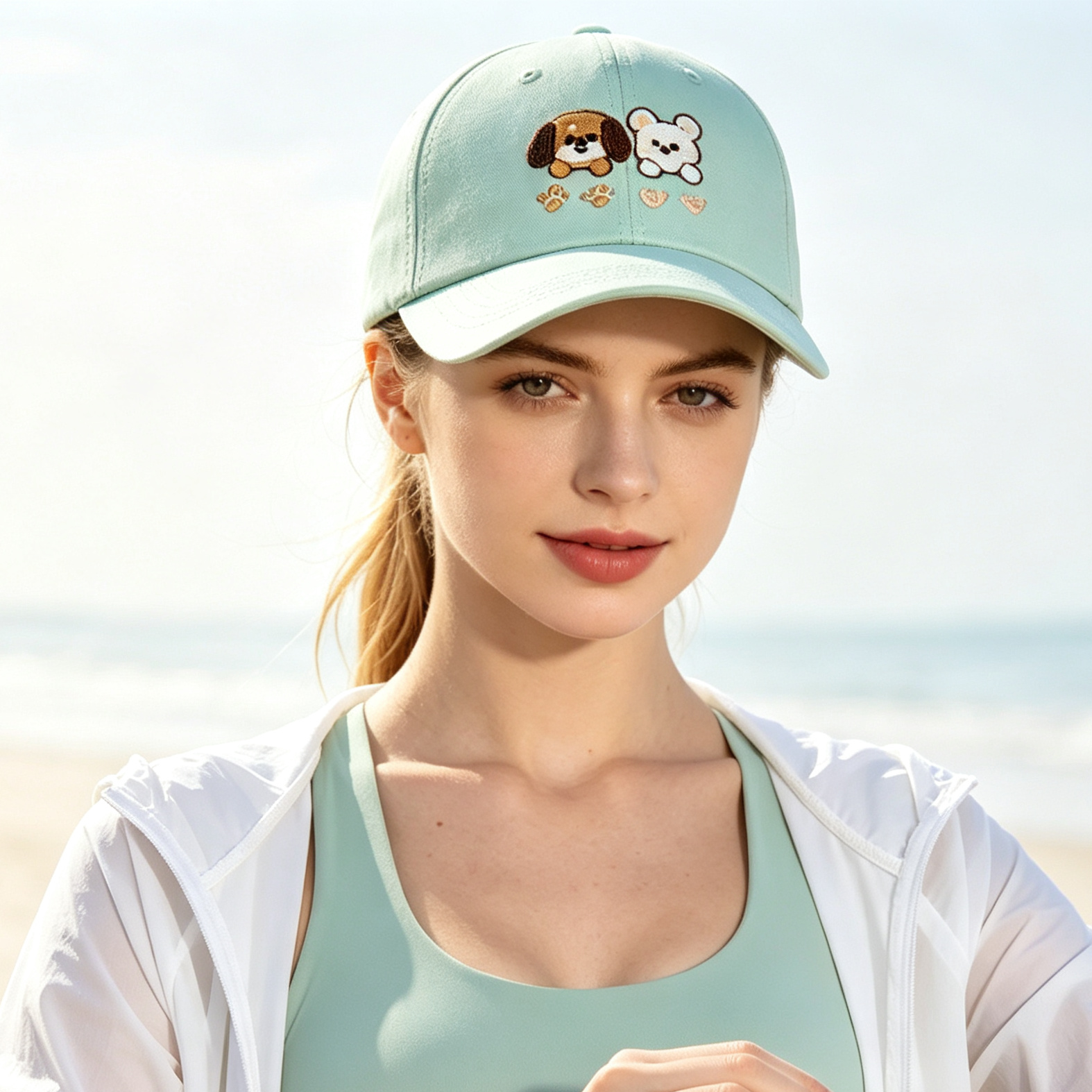 Light Mint Puppy Bear Embroidery Baseball Cap
