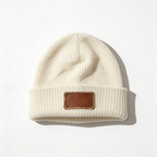 Cream Ribbed Knit Beanie with Leather Patch