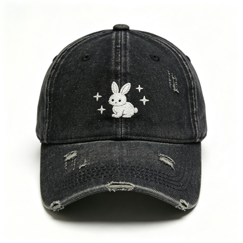 Distressed Black Rabbit Star Embroidery Baseball Cap