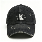 Distressed Black Rabbit Star Embroidery Baseball Cap