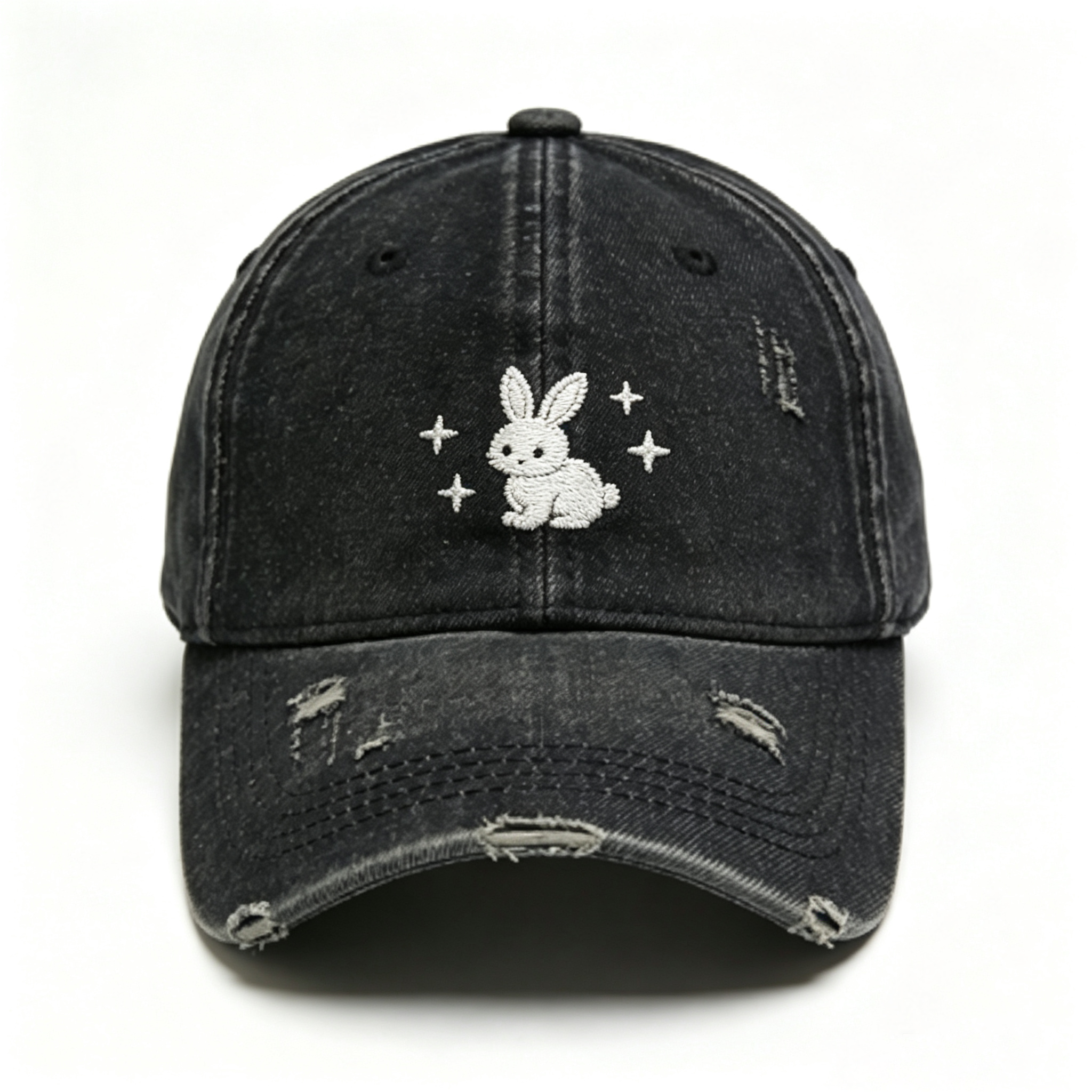 Distressed Black Rabbit Star Embroidery Baseball Cap