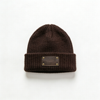 Dark Brown Ribbed Beanie with Leather Patch