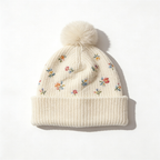 Cream Floral Embroidered Beanie with Pom Pom