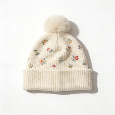 Cream Floral Embroidered Beanie with Pom Pom