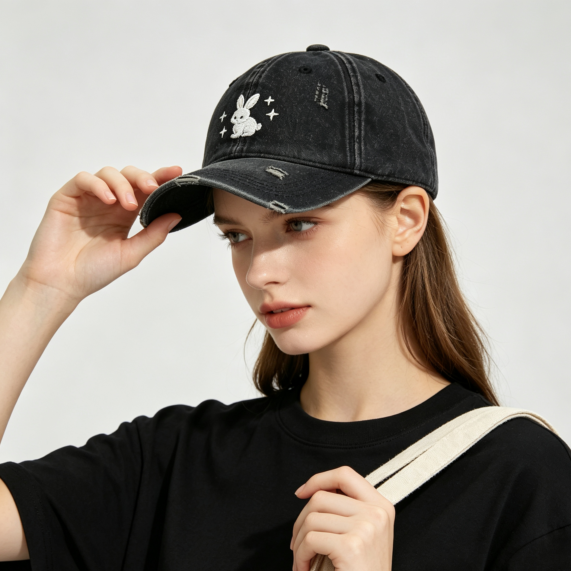 Distressed Black Rabbit Star Embroidery Baseball Cap