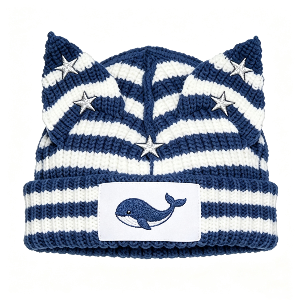 Striped Cat Ear Knit Beanie with Whale Embroidery Patch