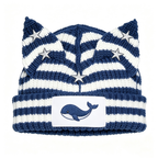 Striped Cat Ear Knit Beanie with Whale Embroidery Patch