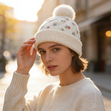Cream Floral Embroidered Beanie with Pom Pom