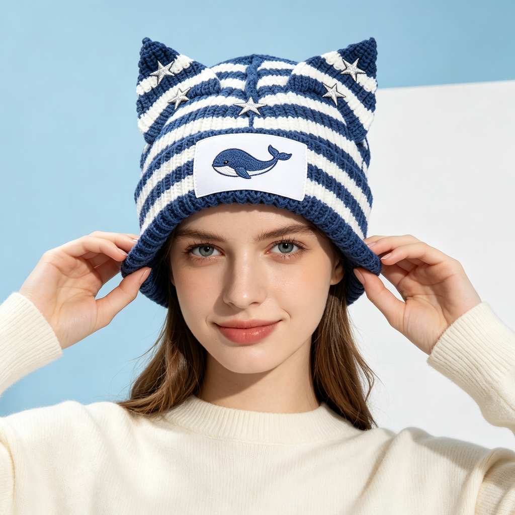 Striped Cat Ear Knit Beanie with Whale Embroidery Patch