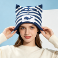 Striped Cat Ear Knit Beanie with Whale Embroidery Patch