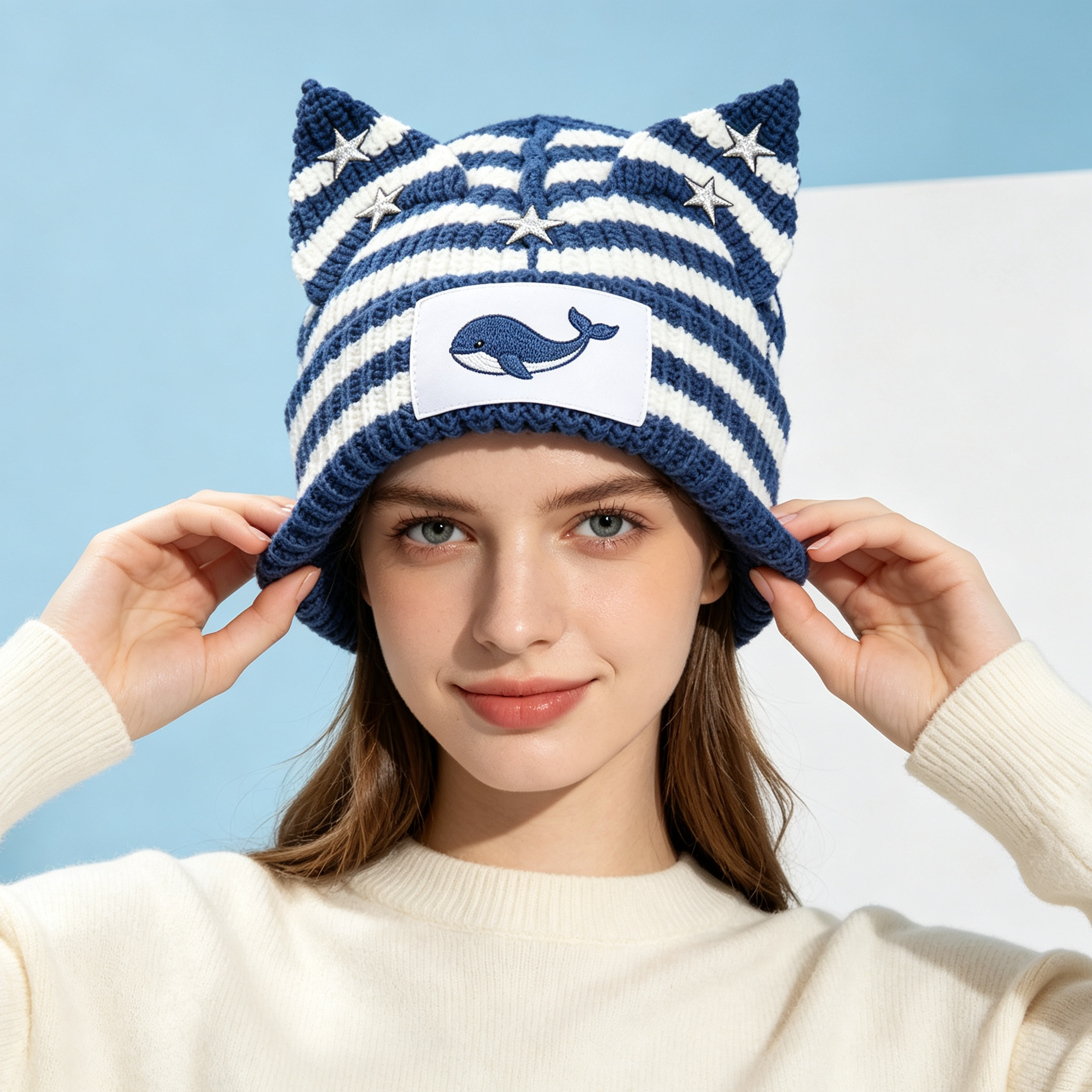 Striped Cat Ear Knit Beanie with Whale Embroidery Patch