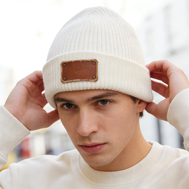 Cream Ribbed Knit Beanie with Leather Patch