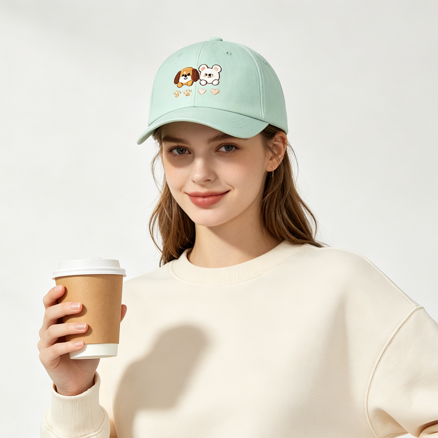 Light Mint Puppy Bear Embroidery Baseball Cap