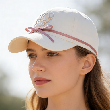 Cream Satin Bow Decor Embroidery Baseball Cap