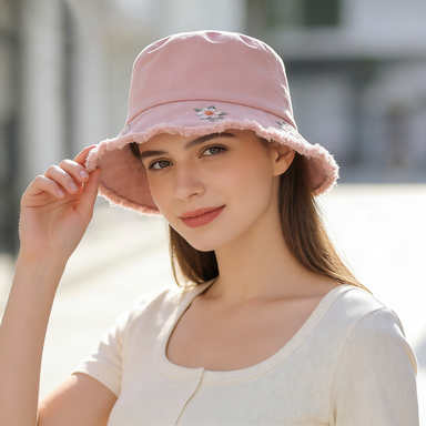 Pink Fringed Floral Bucket Hat
