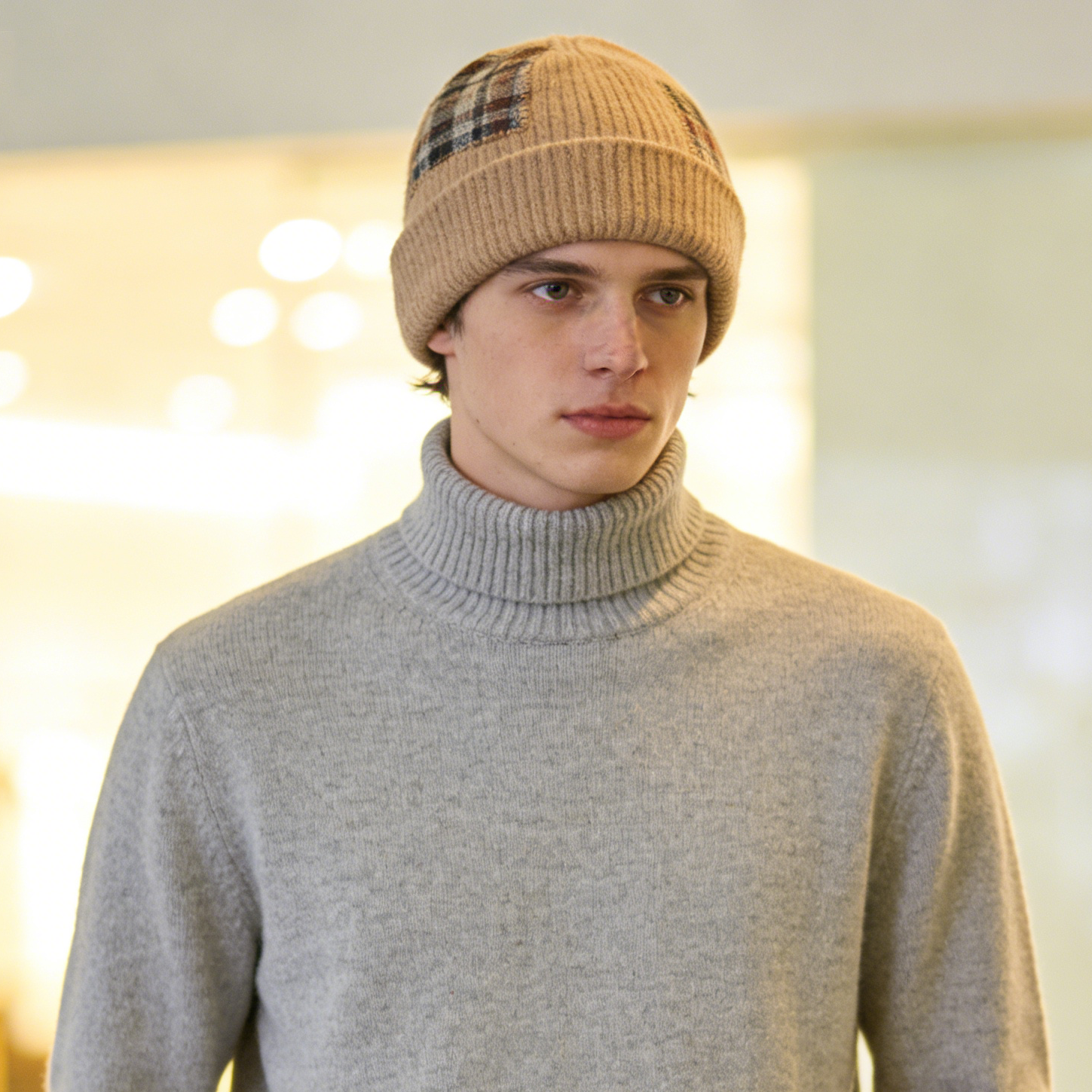 Beige Plaid Patchwork Beanie