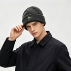Dark Grey Cuffed Knit Beanie with Four Leaf Clover Embroidery