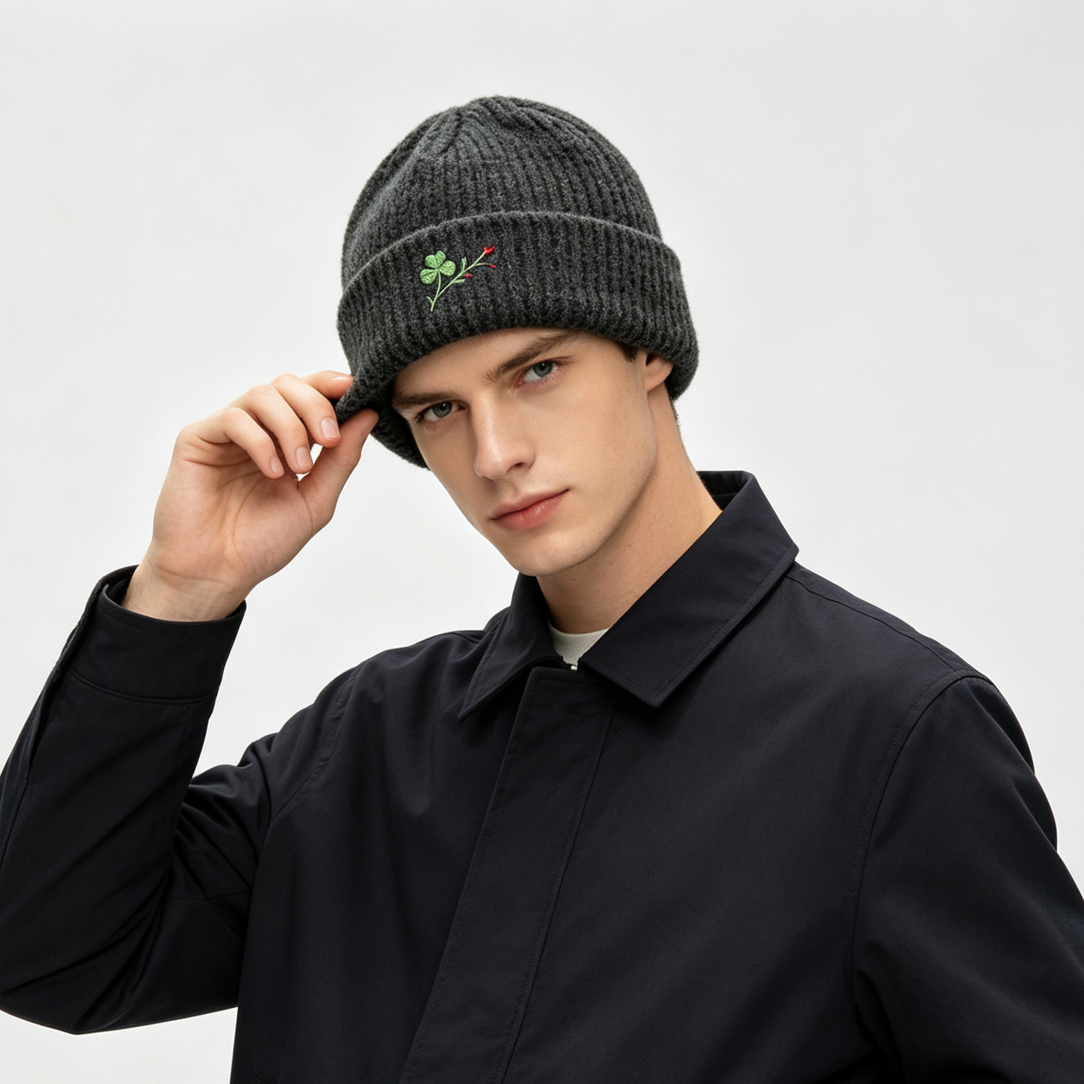 Dark Grey Cuffed Knit Beanie with Four Leaf Clover Embroidery