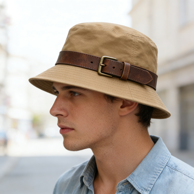 Khaki Leather Belt Bucket Hat
